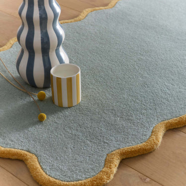 Origins Scalloped Border Elsie Tufted Duck Egg Ochre Wool Bordered Hallway Runner Rug