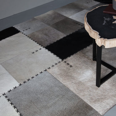 Asiatic London Xylo Sewn Cowhide Patchwork Leather Black Mono Handmade Geometric Textured Rug 200x290 cm