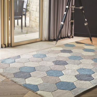 Origins Farah Hexagon Rug Geometric Hand Carved Wool Modern Hand Made Rug in Pastel Multi Colours