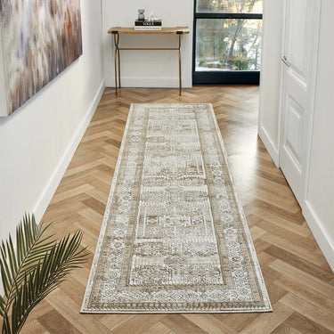 URCO Petra Ellorah Classic Heritage Natural Cream Polypropylene Traditional Textured Bordered Hallway Runner Rug - Runner 80x300 cm (2'7"x10')