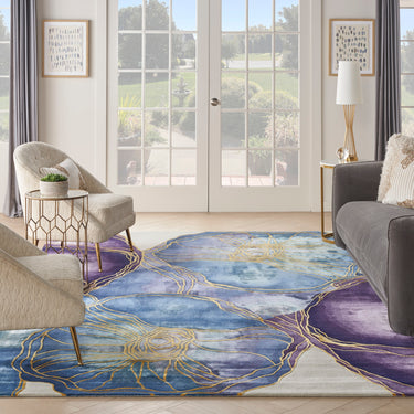Prismatic Abstract Rug by Nourison Modern Luxury Soft Wool Silky Viscose Hand Tufted PRS32 Rug in Blue Gold