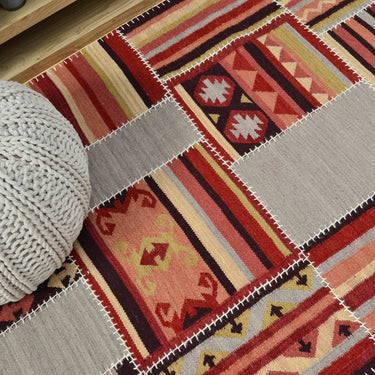 Kelims KP01 Hand Woven Tribal Traditional Patchwork Kilim Rug in Red Grey