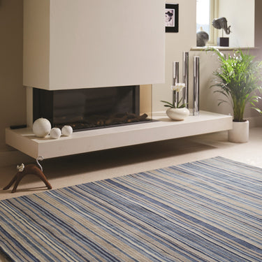 Origins Fine Stripes Hand Loom Woven Wool Rug Halway in Blue Beige