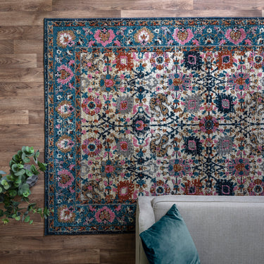 Zola Sarab Vintage Traditional Persian Bordered Rug in Turquoise Pink