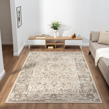 URCO 553A2 Classic Cream Beige Traditional Vintage Textured Bordered Hallway Runner Rug