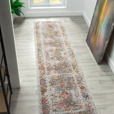 Soujorn Knoll Modern Traditional Bordered Vintage Floral Rug, Runner in Multi Coloured - Runner 60x240 cm (2'8')