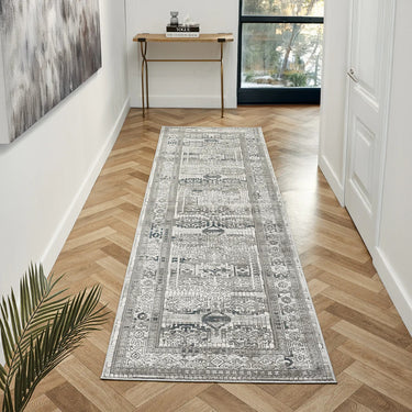 URCO Petra Ellorah Classic Heritage Grey Blue Polypropylene Traditional Textured Bordered Hallway Runner Rug - Runner 80x300 cm (2'7"x10')
