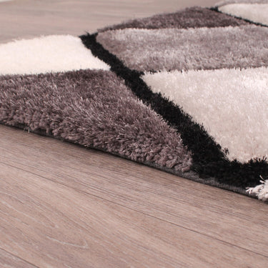 Modern 3D Carved Diamond Soft Sparkle Silky Shaggy Rug in Blush Pink, Grey, Yellow Ochre Navy Blue