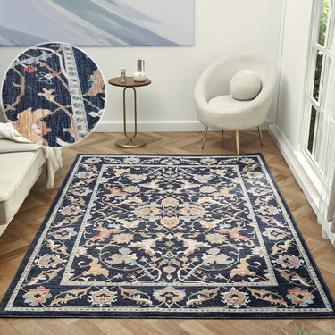 Alia Keyon Navy Traditional Floral Bordered Rug