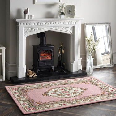 Aubusson Shensi Pink Hand-Carved Wool Oriental Traditional Round and Half-Moon Rug