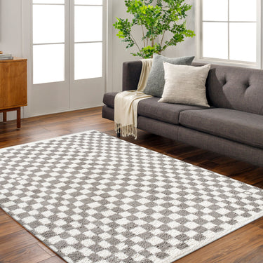 Birmingham Modern Checkboard Soft Plush Pile Shaggy Grey & Ivory Rug