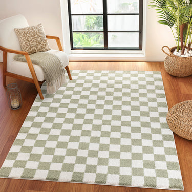Fossay Washable Checkered Shaggy Green Rug