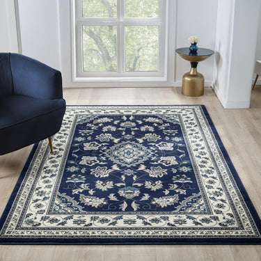 Traditional Sherborne Classic Bordered Rug Hallway Runner in Navy Blue