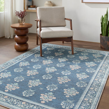 Thistle Floral Washable Blue Rug