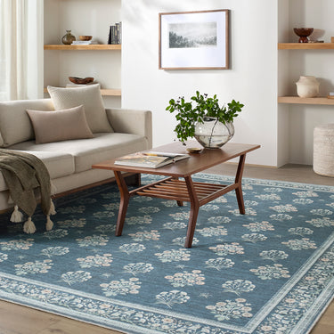 Thistle Floral Washable Blue Rug