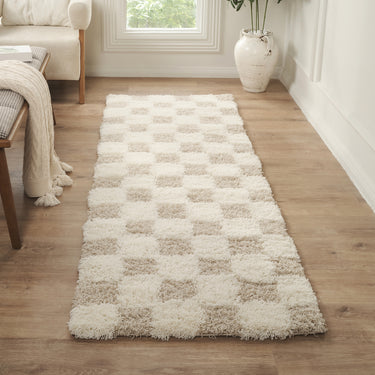 Urban Shag Shaggy Modern Rug Checkboard Soft Plush Pile Runner Beige