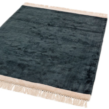 Elgin Petrol Blue Fringed Champagne Pink Border Hand-Woven Viscose Cotton Textured Rug