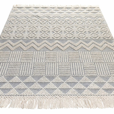Anya ANR01 Rug Hand Made Wool Geometric Traditional Modern Bohomian Tribal Fringed  Rug in Ivory Slate