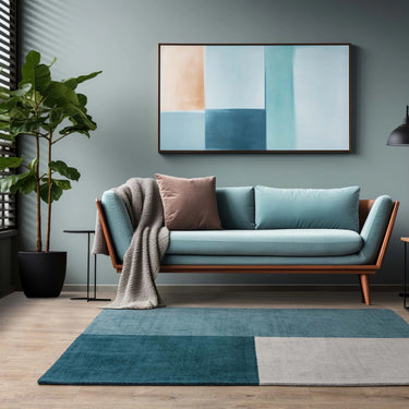 Blox Teal Hand Made Wool Geometric Blocks Rug