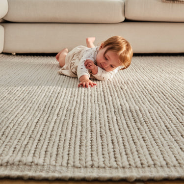 Origins Cable Chunky Knitted Soft Handmade Wool Rugs in Warm Grey, Blush and Natural