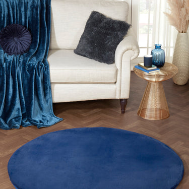 URCO Luxe Faux Fur Super Navy Blue Shaggy Textured Plain Rug - Circle 133x133 cm (4'5"x4'5")