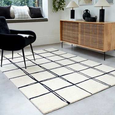 Asiatic London Albany Grid Checkered Lines Monochrome Wool Traditional Geometric Checked Rug