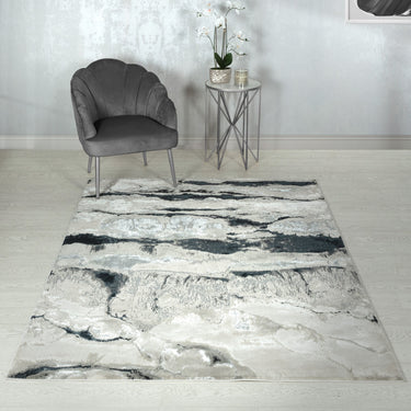 Aurora AU05 Quartz Metallic Silver Black Modern Shiny Abstract Marbled Pattern Rug