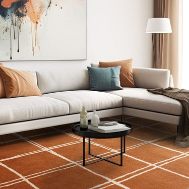 Asiatic London Albany Grid Checkered Lines Orange Rust Wool Traditional Geometric Checked Rug