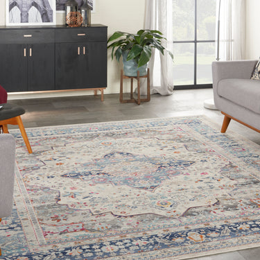 Nourison Kashan VKA07 Medallion Bordered Classic Ivory Blue Polypropylene Persian Traditional Rug 269x349 cm
