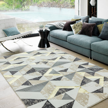 Asiatic London Orion Flag Metallic Grey Silver Gold Jute Polypropylene Abstract Geometric Rug 200x290 cm