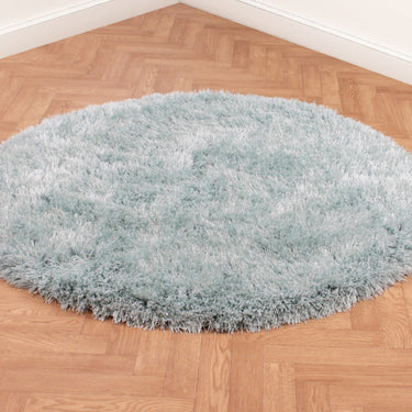 Boston Plain Thick Soft Fluffy Plush Silky Sparkle Shaggy Rug Round in Duck Egg