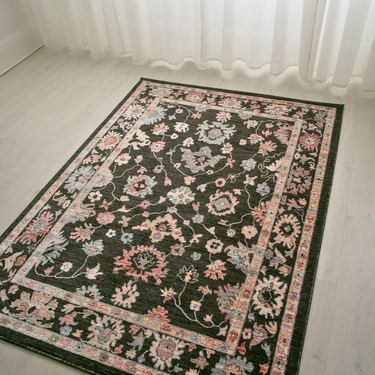 Alia 428GL Short Pile Sand Polypropylene Traditional Floral Bordered Rug