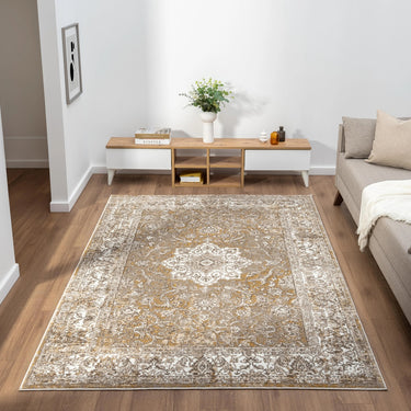 URCO 865AC Classic Ochre Gold Traditional Vintage Textured Bordered Hallway Runner Rug