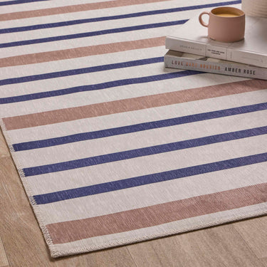 Washable Modern Coastal Striped Blue Rust Rug or Halway Runner