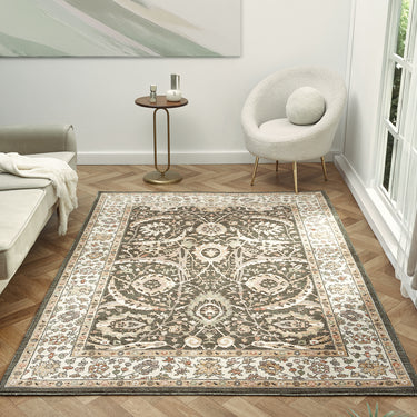 Alia Viana Green Cream Traditional Floral Bordered Rug - X-Large 200x290 cm (6'7"x9'6")