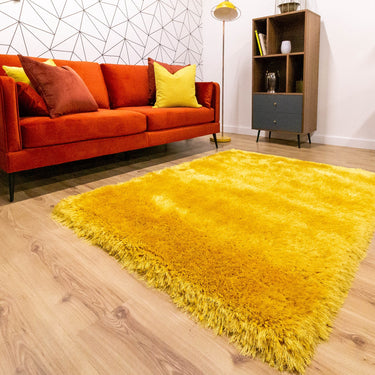 Mayfair Modern Plain High Pile Luxurious Shaggy Rug in Ochre Yellow