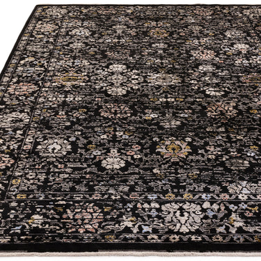Sovereign Black Floral Traditional Rug Flatweave Silky Shiny Rug