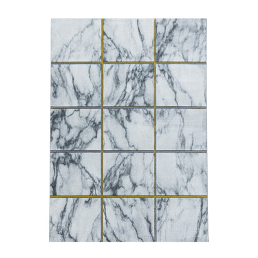 Naxos 3816 Squared Marble Like Design Gold and Silver Rug in White Colour
