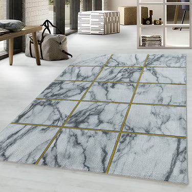 Naxos 3816 Squared Marble Like Design Gold and Silver Rug in White Colour