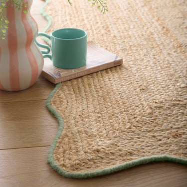 Origins Jute Natural Hand Made Stitched Scalloped Edge Green Rug or Hallway Runner