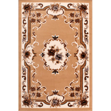 Traditional Poly Sandringham Aubusson Floral Pattern Rug Hallway Round in Beige Taupe