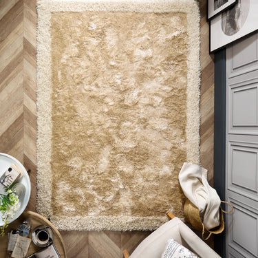 Origins Shimmer Silky Tufted Border Fluffy Shag Champagne Beige Shaggy Bordered Modern Rug