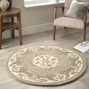 Origins Aubusson Shensi Traditional Wool Round, Hallway, Halfmoon Rug in Beige