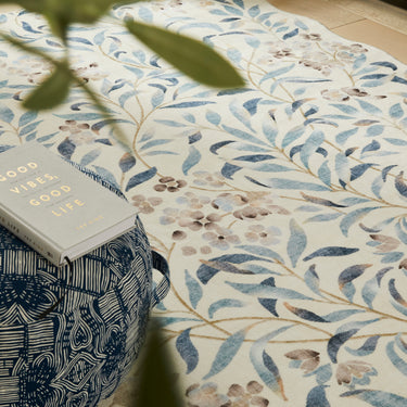 Consept Looms Liberty LIB301 Ivory Blue Washable Non-Slip Traditional Floral Rug