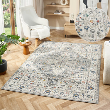 URCO Nova Clara Grey Polypropylene Traditional Vintage Bordered Rug