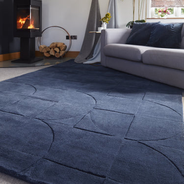 Origins Penny 3D Blue Hand-Carved Wool Geometric Rug