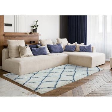 Alto Morrocan Tribal Soft Shaggy Rug Hallway Runner in Blue Cream, Grey