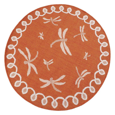 Terrace Dragonfly Outdoor Bordered Circle Round Rug in Terracotta, Blue, Gold, Teal and Natural