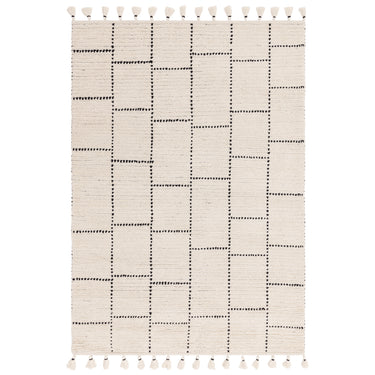 Nepal Cream Black Tile Bohomian Berber Hand Woven Wool Fringed Rug