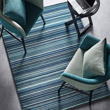 Origins Fine Stripes Hand Loom Woven Wool Rug Halway in Blue Beige